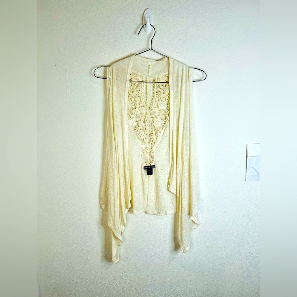 American Dream Cream Drape Vest with Crochet Boho Sleeveless Cardigan Size Small